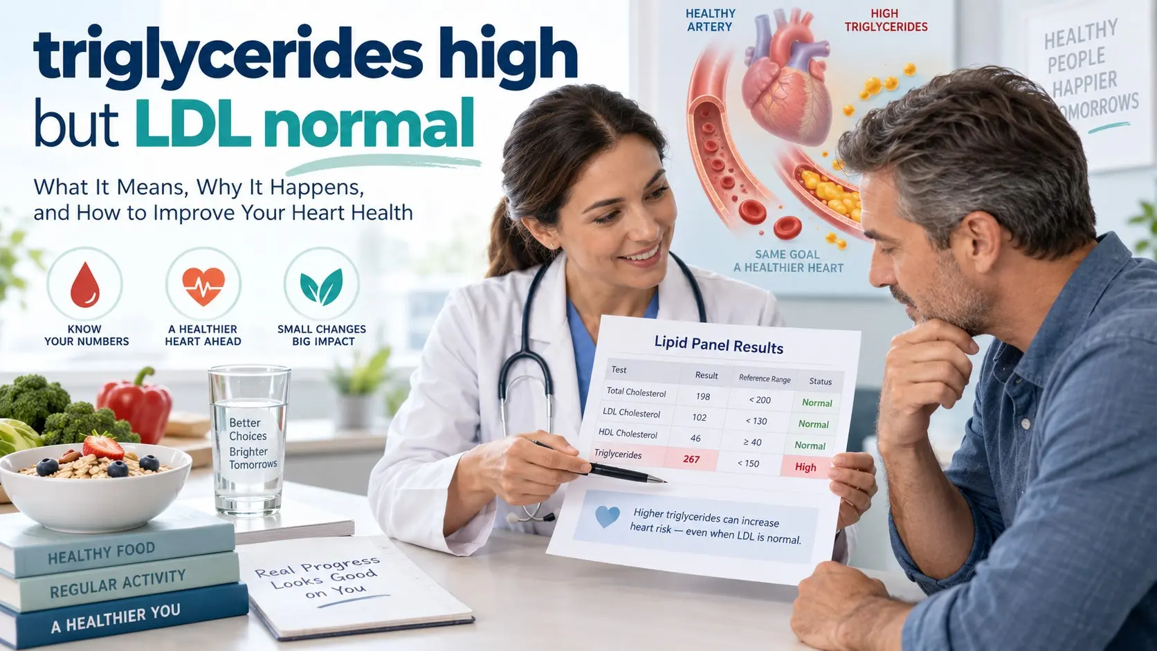 triglycerides high but LDL normal shown on a blood test with heart health, blood sugar, thyroid, liver, and lifestyle factors
