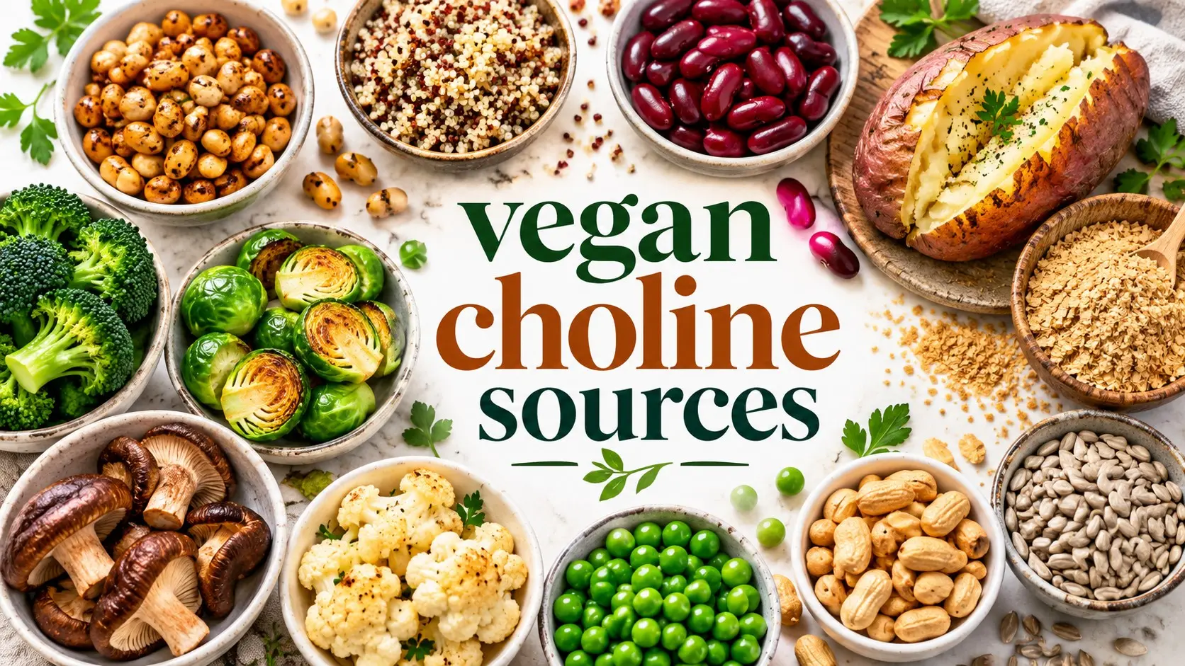 Vegan choline sources including soybeans, quinoa, beans, potatoes, broccoli, peanuts, seeds, and whole grains