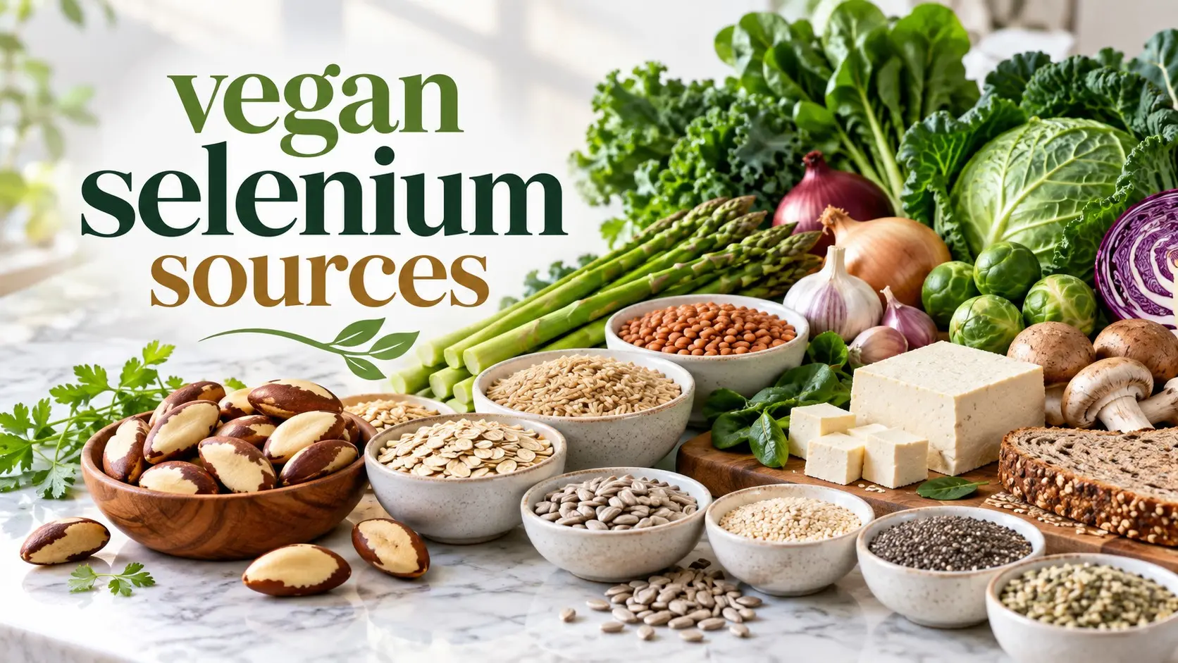 Vegan selenium sources including Brazil nuts, oats, lentils, tofu, mushrooms, brown rice, beans, seeds, and whole grains