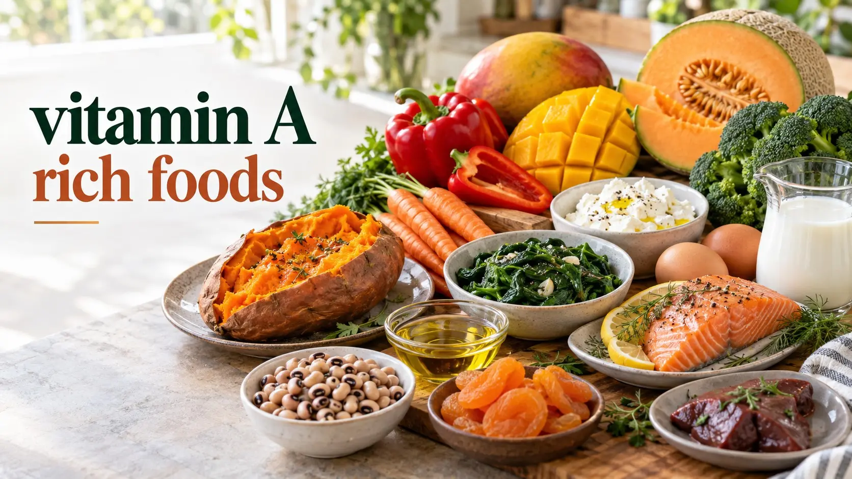 Vitamin A Rich Foods including sweet potato, carrots, spinach, red peppers, mango, eggs, milk, fish, broccoli, and other food sources.