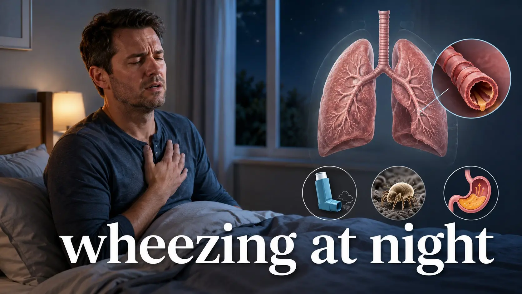 Wheezing at Night shown with an adult sitting up in bed and a lung graphic illustrating narrowed airways, asthma, allergies, and reflux triggers