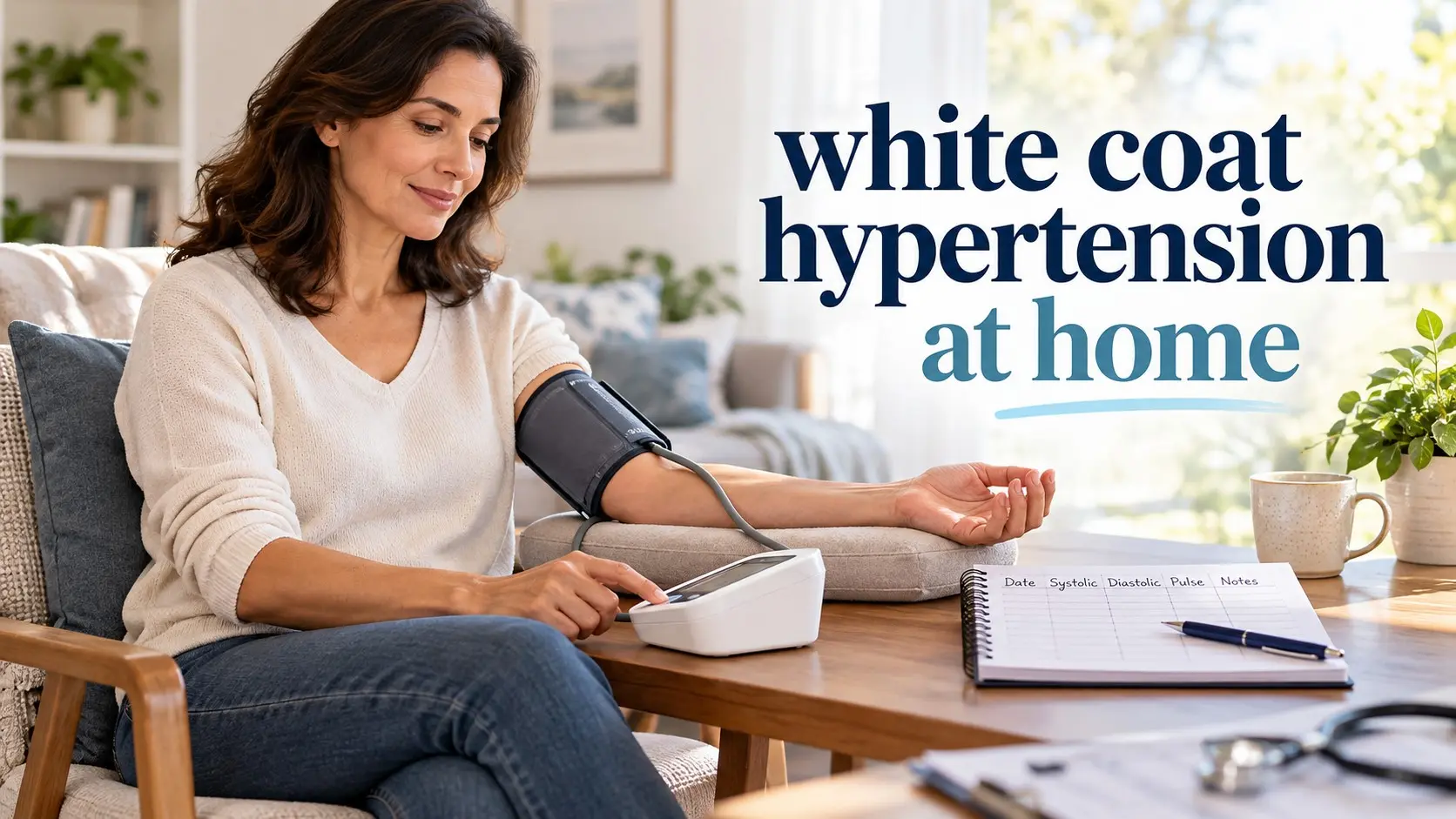 White coat hypertension at home shown with an adult calmly checking blood pressure using a validated upper arm monitor
