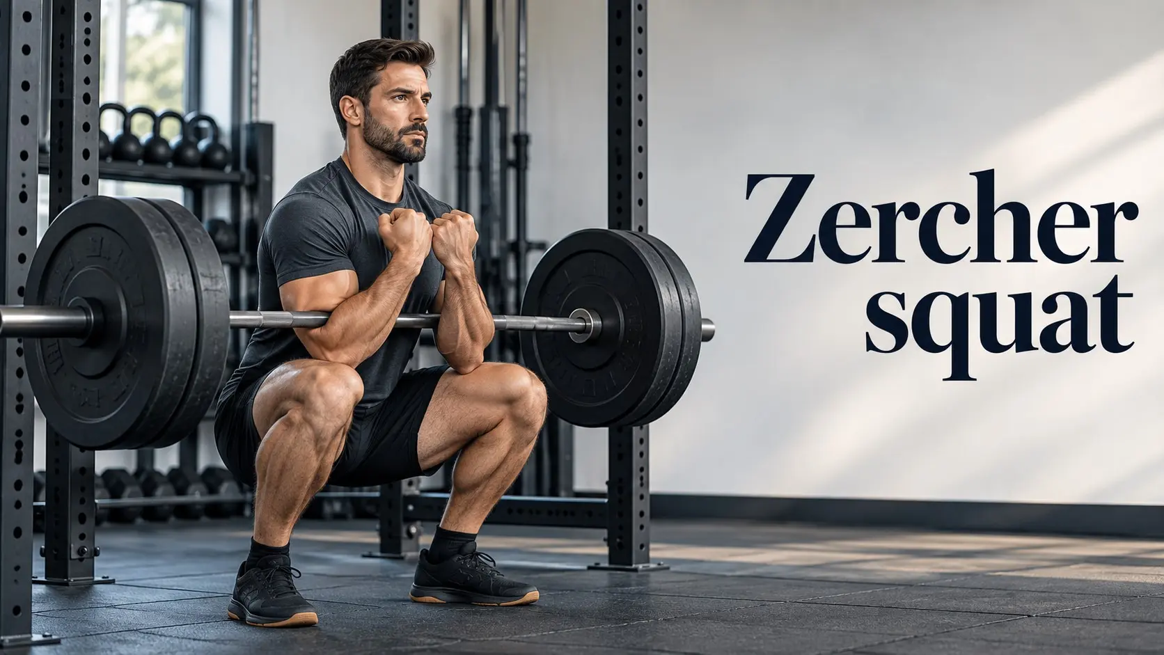 Zercher squat performed with a barbell held securely in the elbow creases using controlled squat form