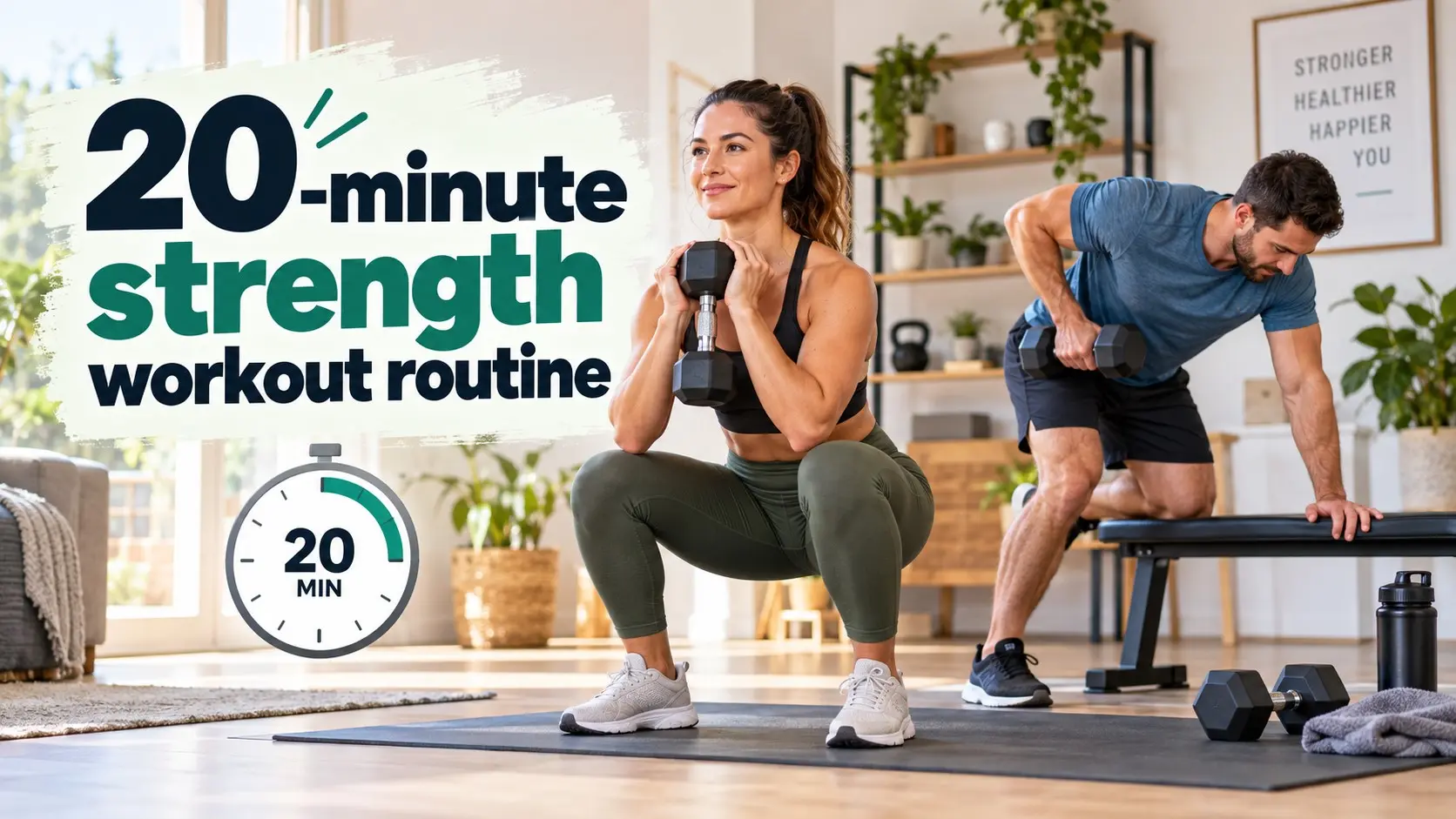 20-minute strength workout routine with goblet squats, dumbbell rows, lunges, presses and full body strength exercises