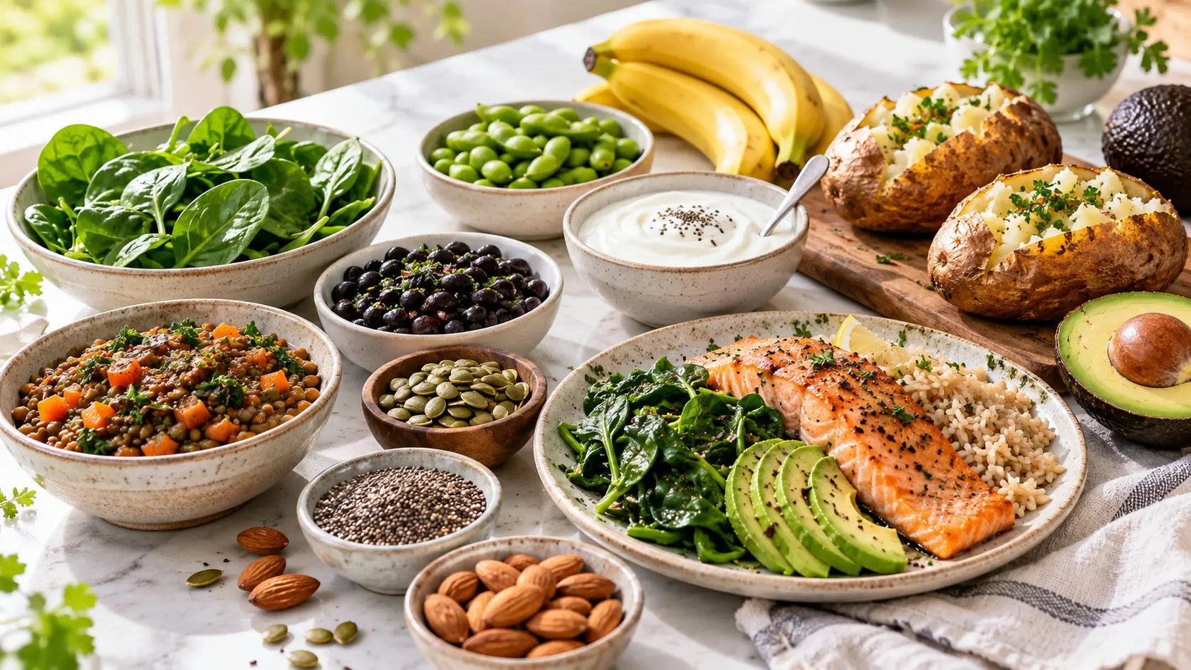 Magnesium and potassium rich foods including spinach, beans, potatoes, yogurt, seeds, avocado, bananas, lentils, and salmon
