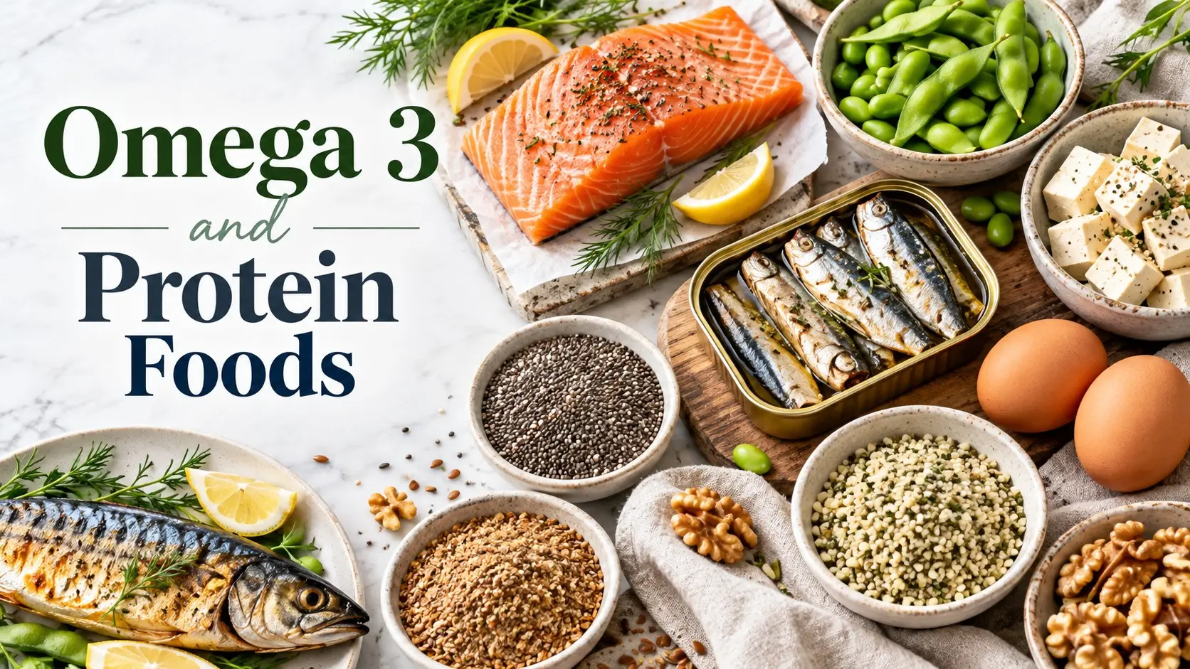 Omega 3 and protein foods including salmon, sardines, chia seeds, walnuts, tofu, edamame, eggs, and trout