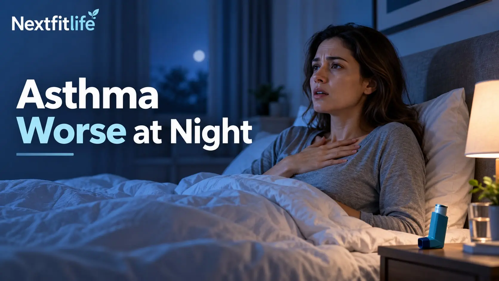 Asthma worse at night showing nighttime breathing symptoms and an asthma inhaler beside a bed