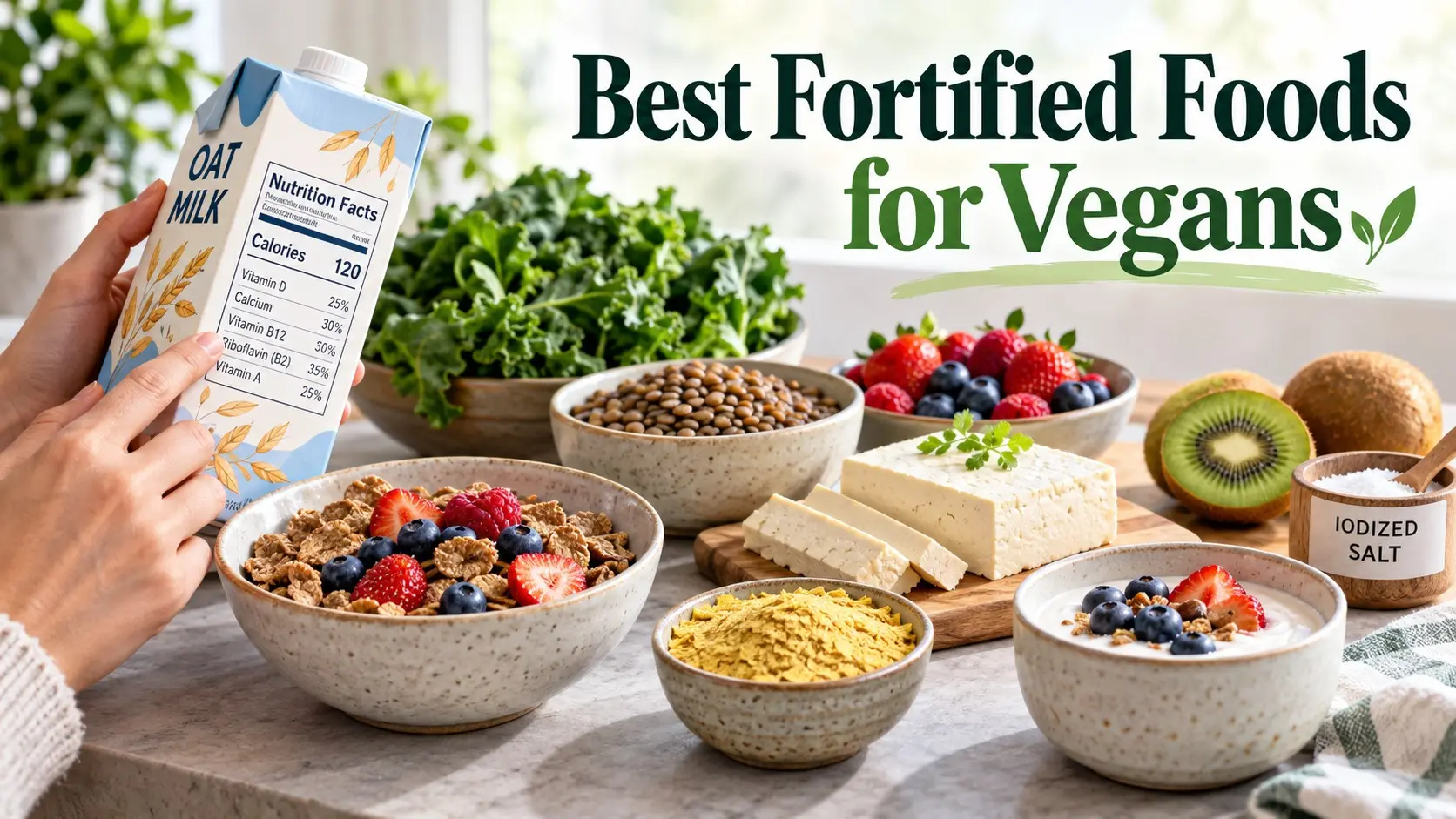 Best fortified foods for vegans including plant milk, cereal, nutritional yeast, yogurt, and healthy plant foods