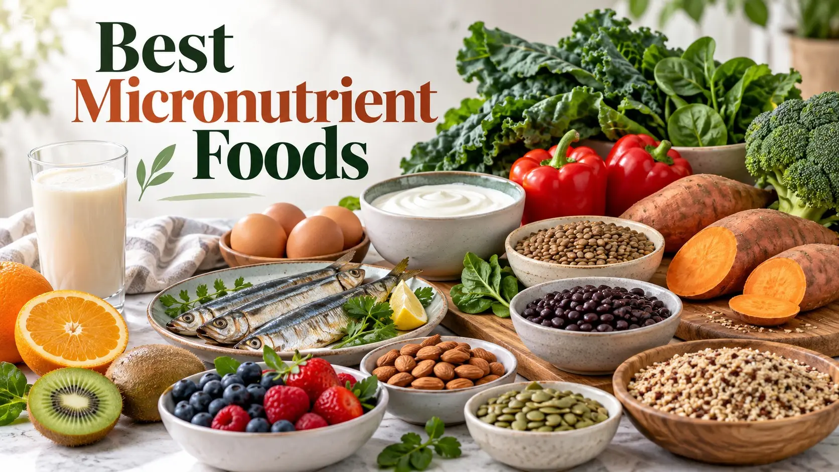 Best micronutrient foods including leafy greens, eggs, sardines, lentils, berries, seeds, yogurt, and sweet potatoes
