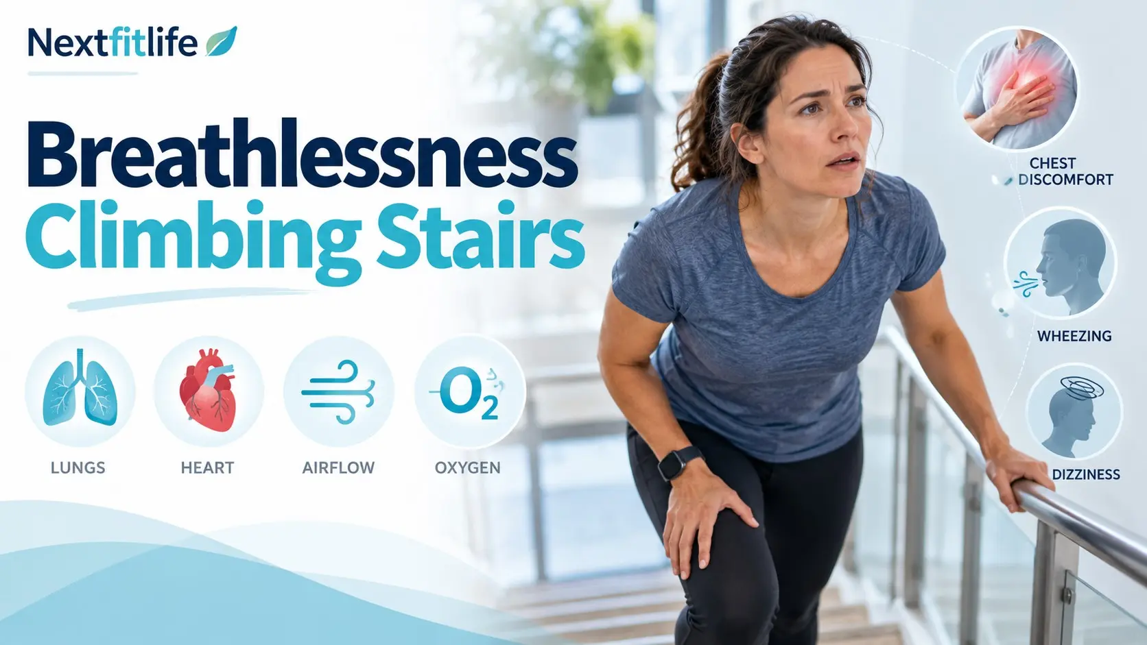 Breathlessness climbing stairs guide showing exertional shortness of breath and common heart, lung, anemia, and fitness clues