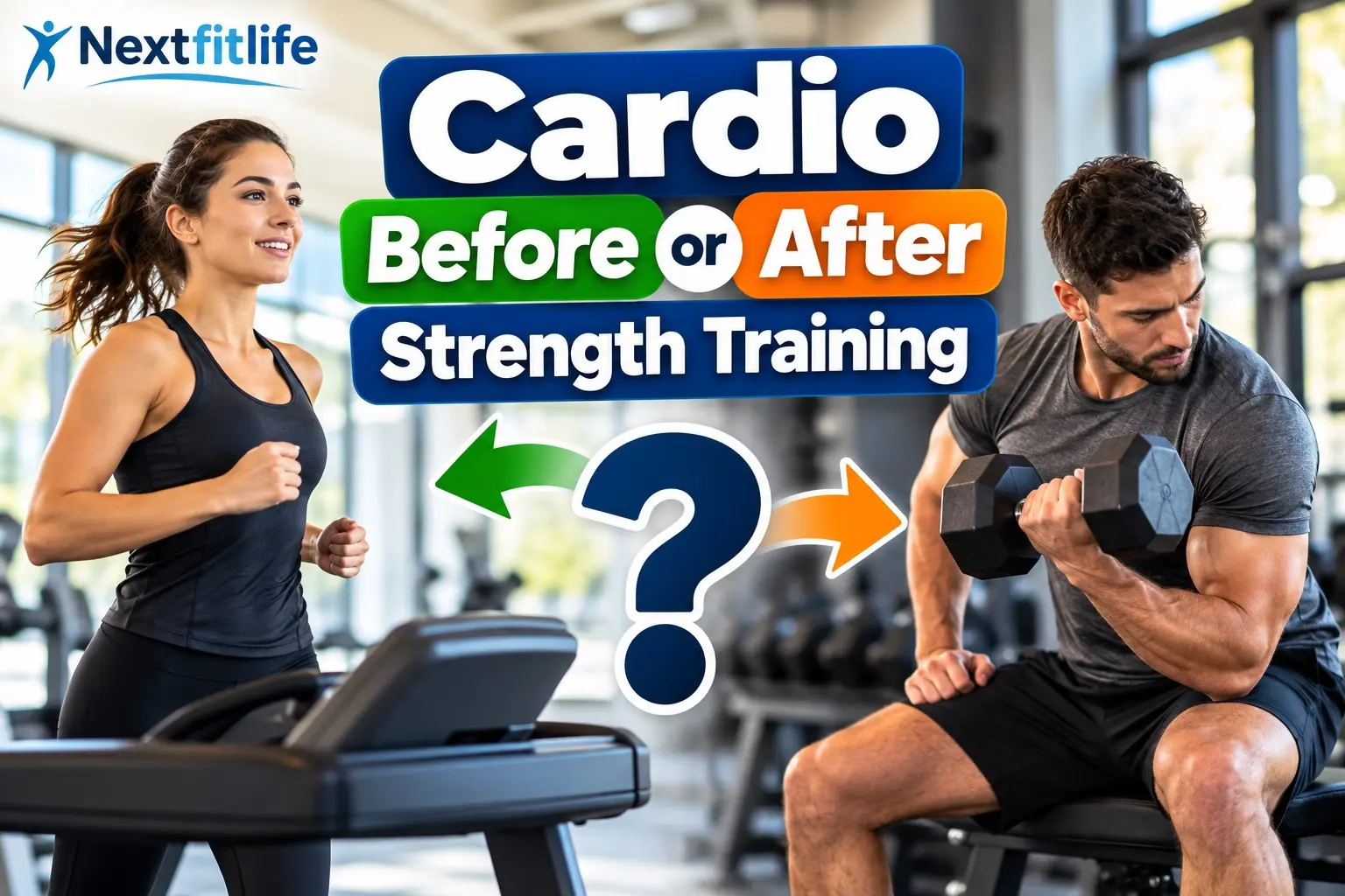 Cardio before or after strength training with a runner and weight training setup showing the best workout order by fitness goal
