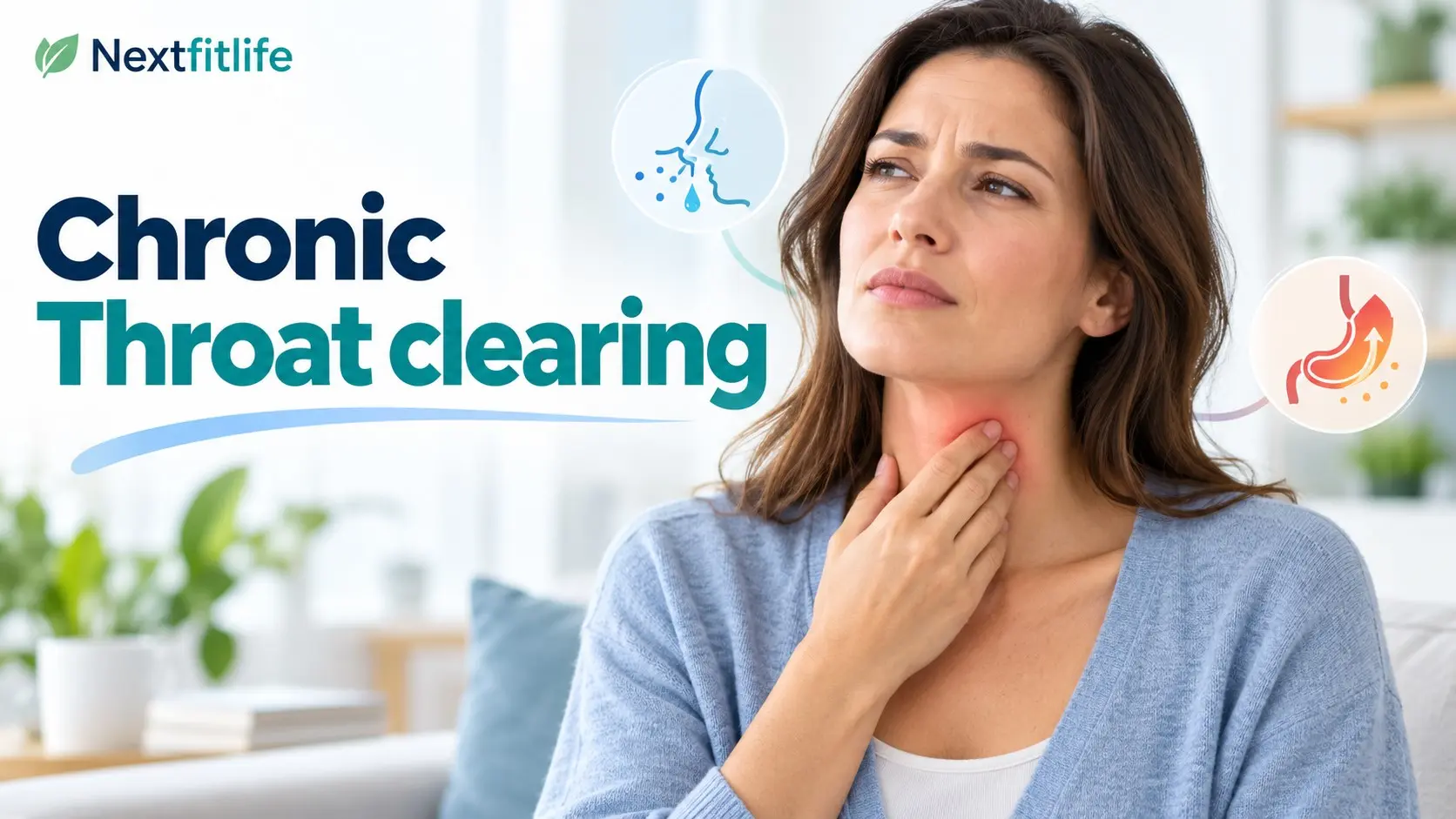 Chronic throat clearing with an adult touching an irritated throat while common causes such as postnasal drip and reflux are shown
