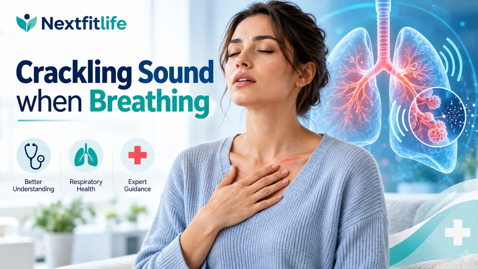 Crackling sound when breathing guide showing lung crackles, cough, shortness of breath, chest symptoms, and warning signs