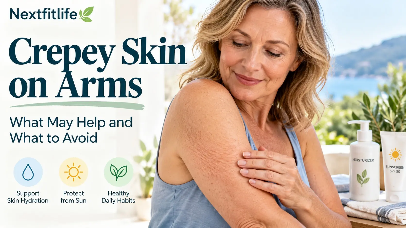 Crepey skin on arms showing thin wrinkled upper arm skin with moisturizer, sunscreen, and skin care treatment