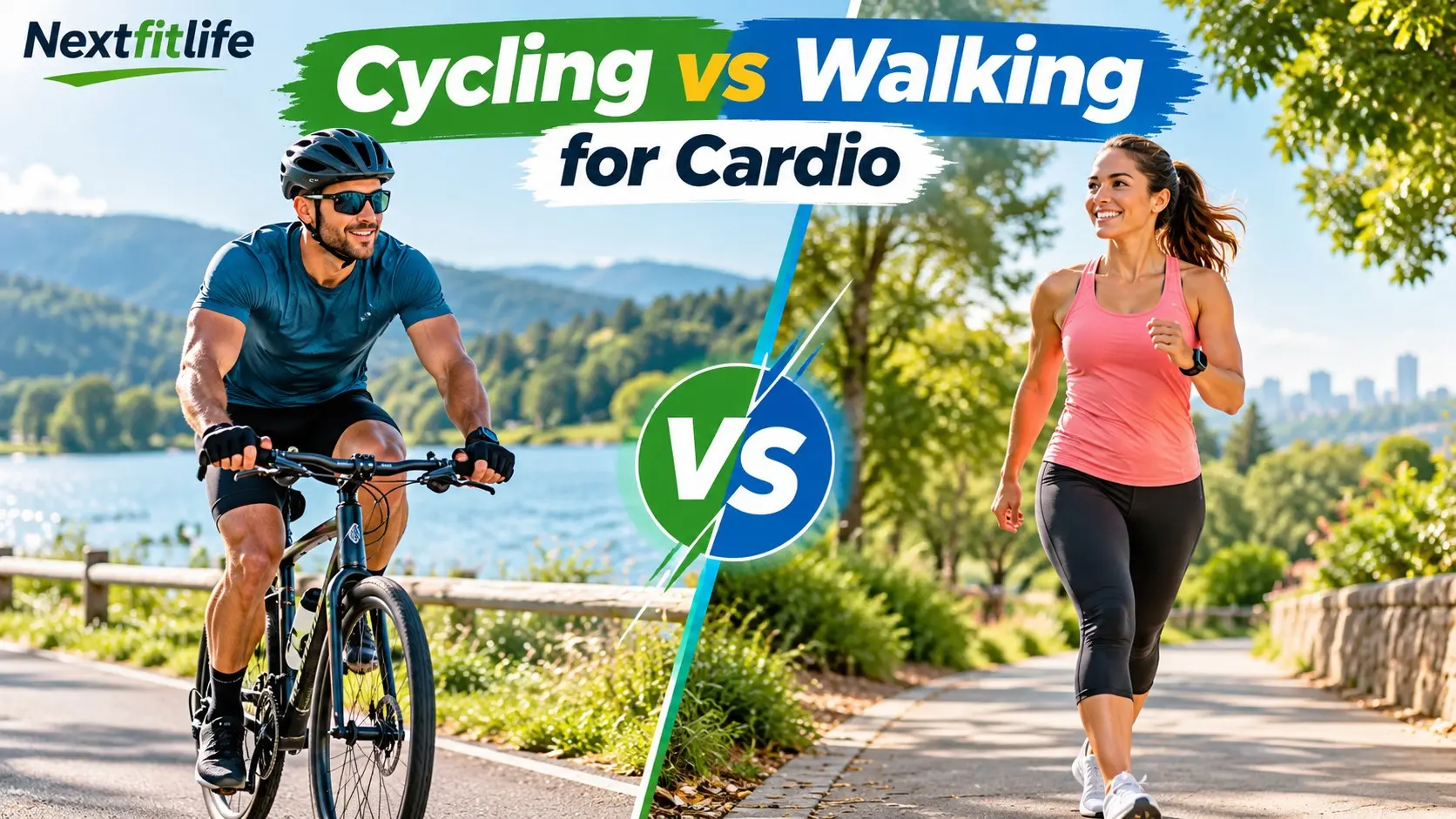 Cycling vs Walking for Cardio comparison showing an adult cyclist and brisk walker training outdoors for cardiovascular fitness