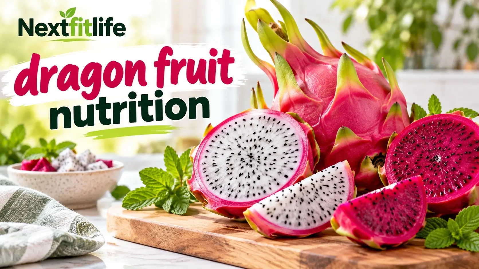 Dragon fruit nutrition with fresh red and white pitaya showing fiber, vitamin C, antioxidants, and healthy serving ideas