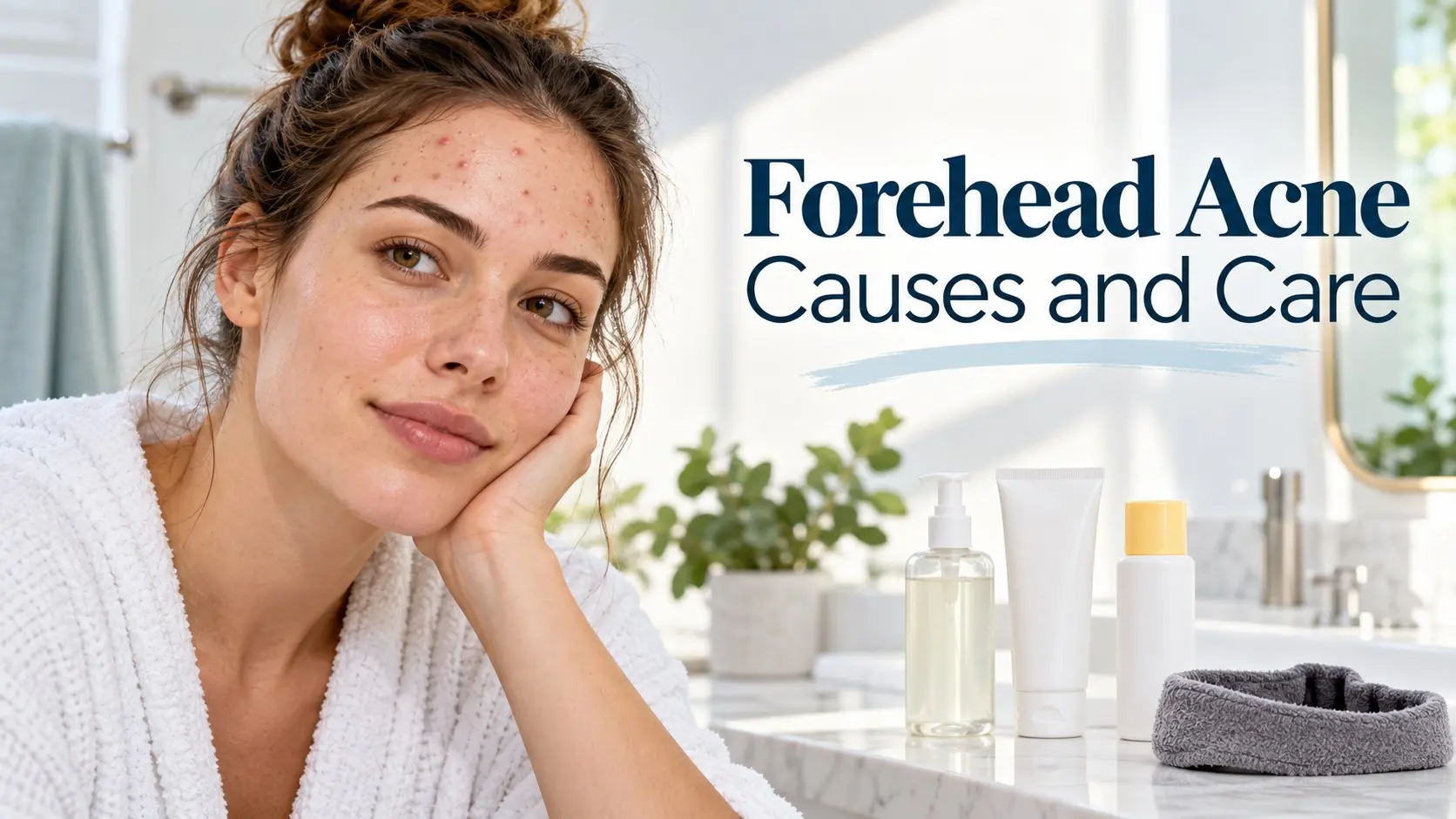 Forehead acne causes and care with small pimples and clogged pores near the hairline