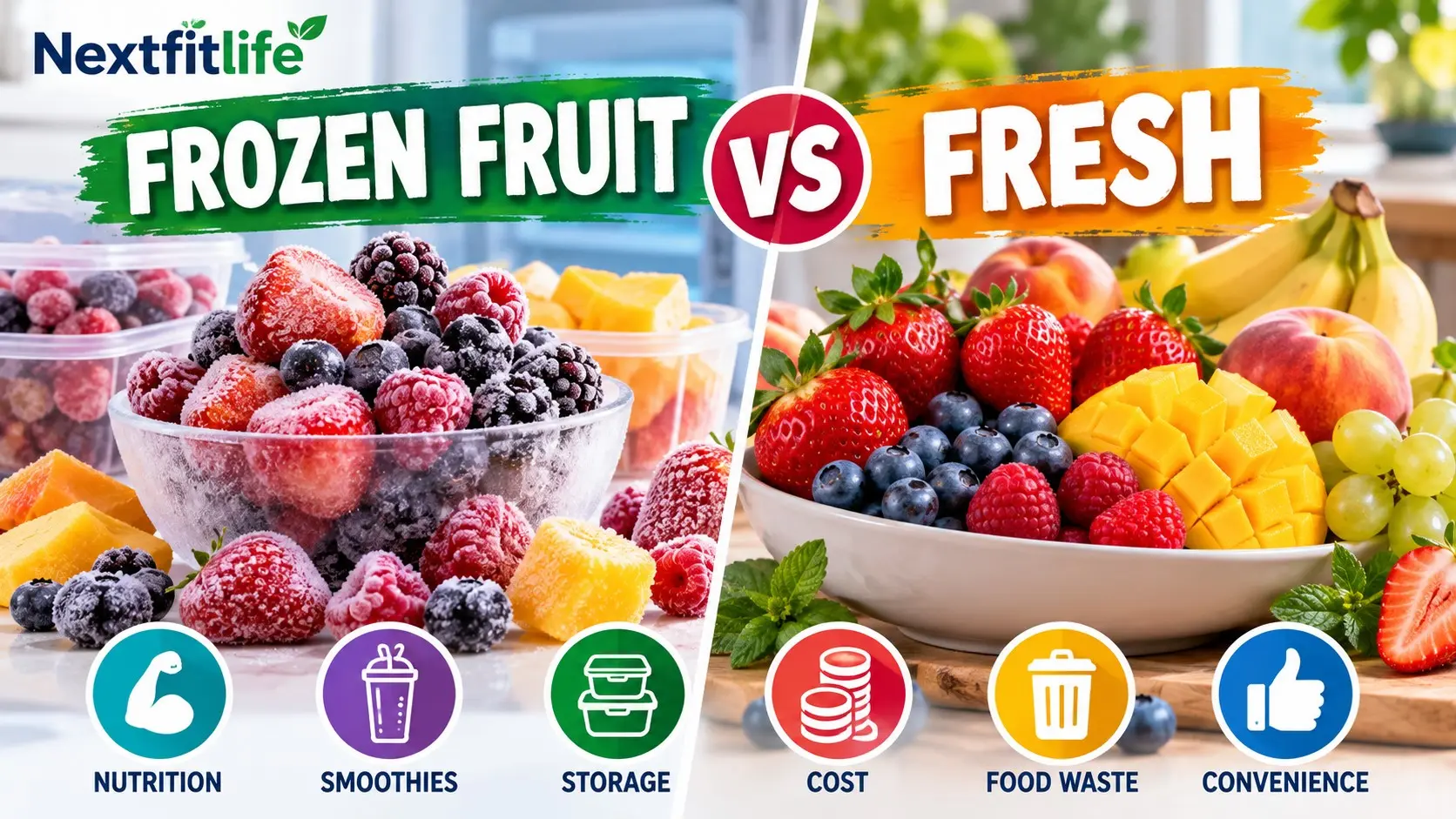 Frozen fruit vs fresh comparison with berries, mango, peaches, bananas, and healthy whole fruit choices