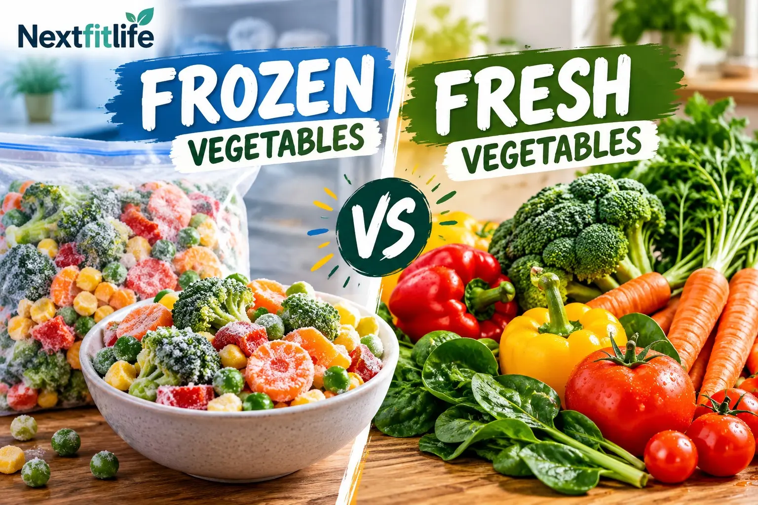 Frozen vegetables vs fresh comparison with broccoli, peas, carrots, spinach, and peppers
