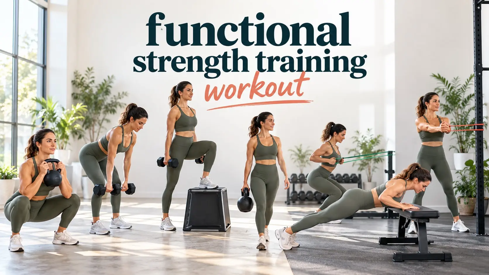 Functional strength training workout with squats, carries, rows, step ups, and resistance exercises