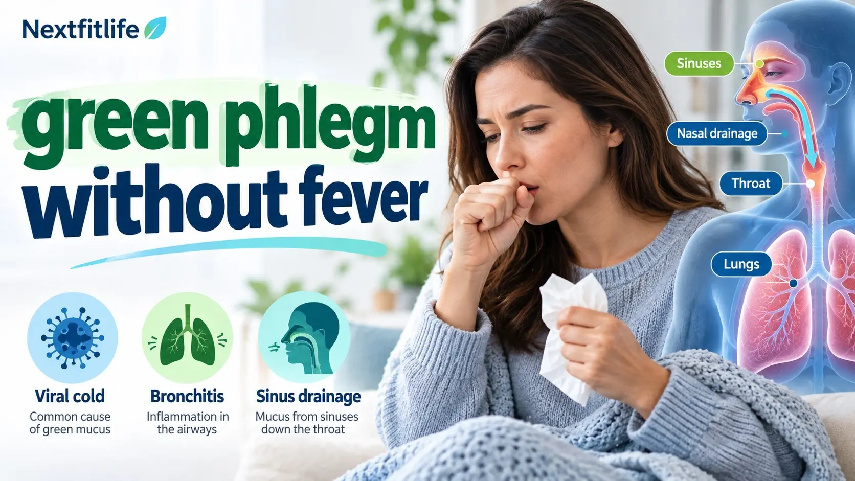 Green phlegm without fever guide showing sinus drainage, chest mucus, cough, and respiratory warning signs