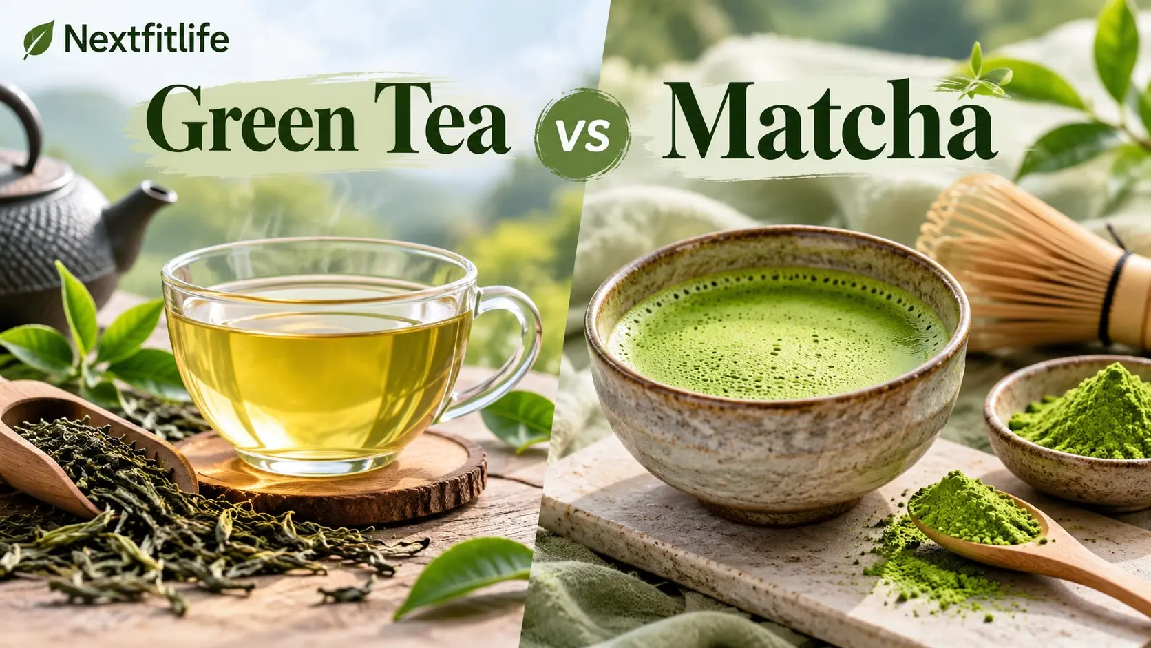 Green tea vs matcha comparison with brewed green tea, matcha powder, whisk, caffeine, antioxidants, and nutrition differences