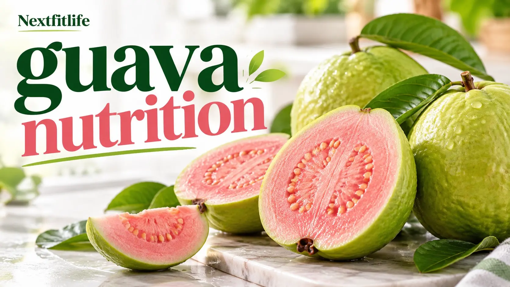 Guava nutrition guide showing fresh pink and white guava with key nutrients and healthy serving ideas