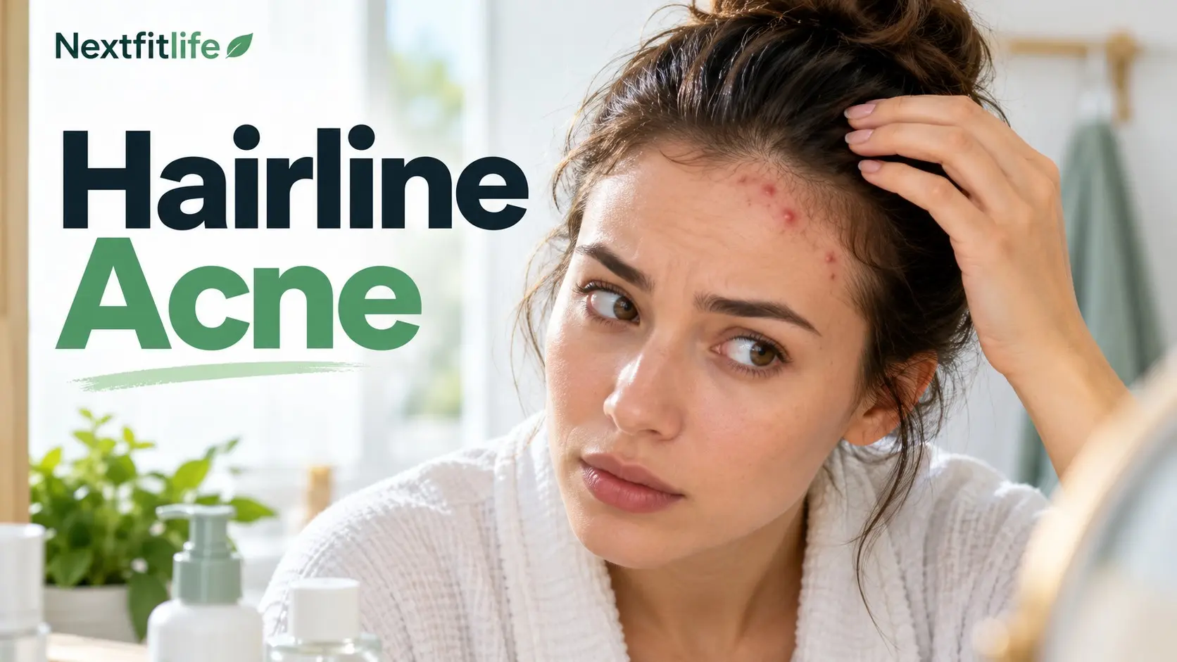 Hairline acne along the forehead with small clogged bumps and a simple skincare and hair product routine