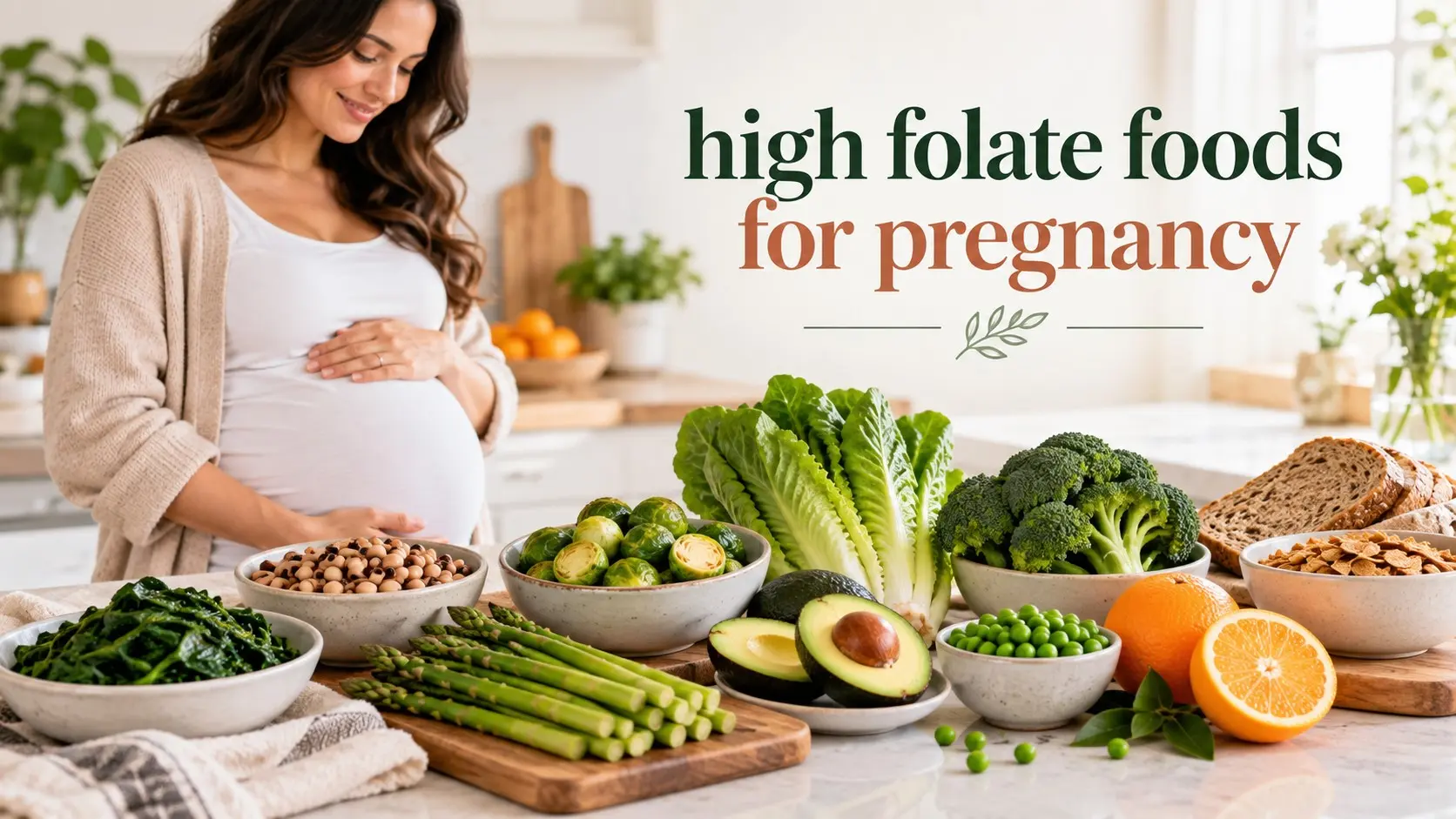 High folate foods for pregnancy including spinach, beans, asparagus, avocado, broccoli, peas, oranges, and fortified grains