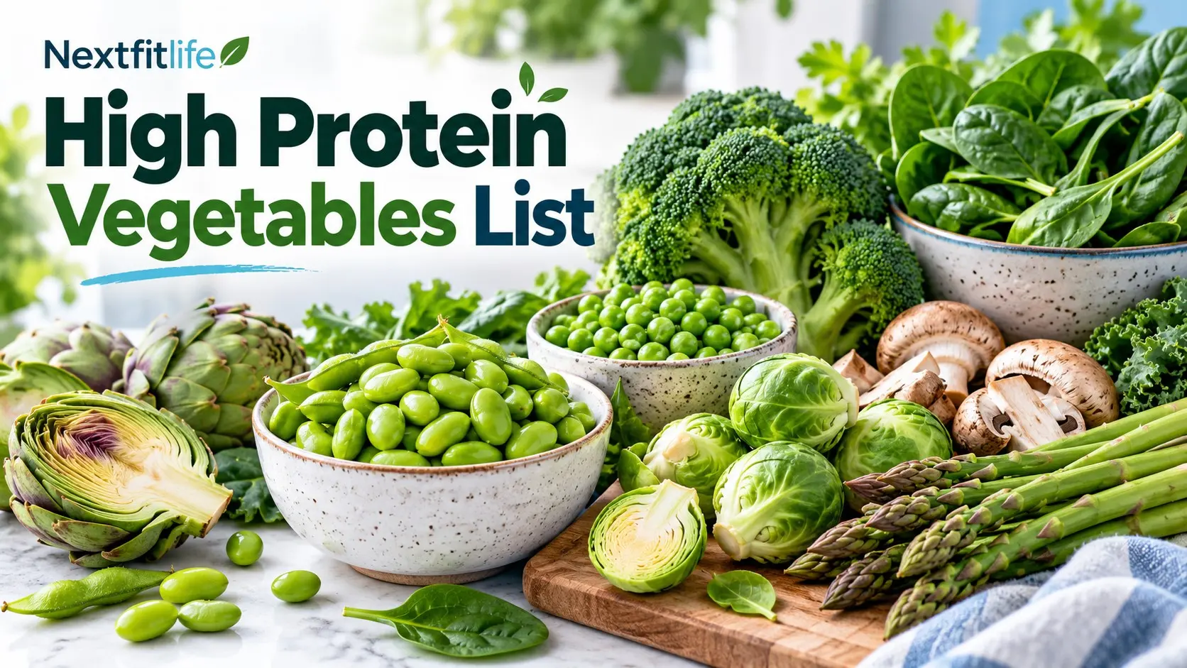 High protein vegetables list with edamame, peas, broccoli, spinach, Brussels sprouts, mushrooms and asparagus