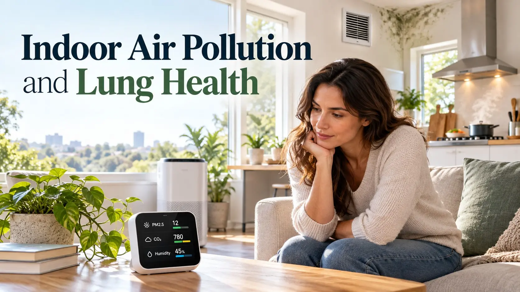 Indoor air pollution and lung health guide showing home air monitoring, ventilation, and common indoor pollution sources