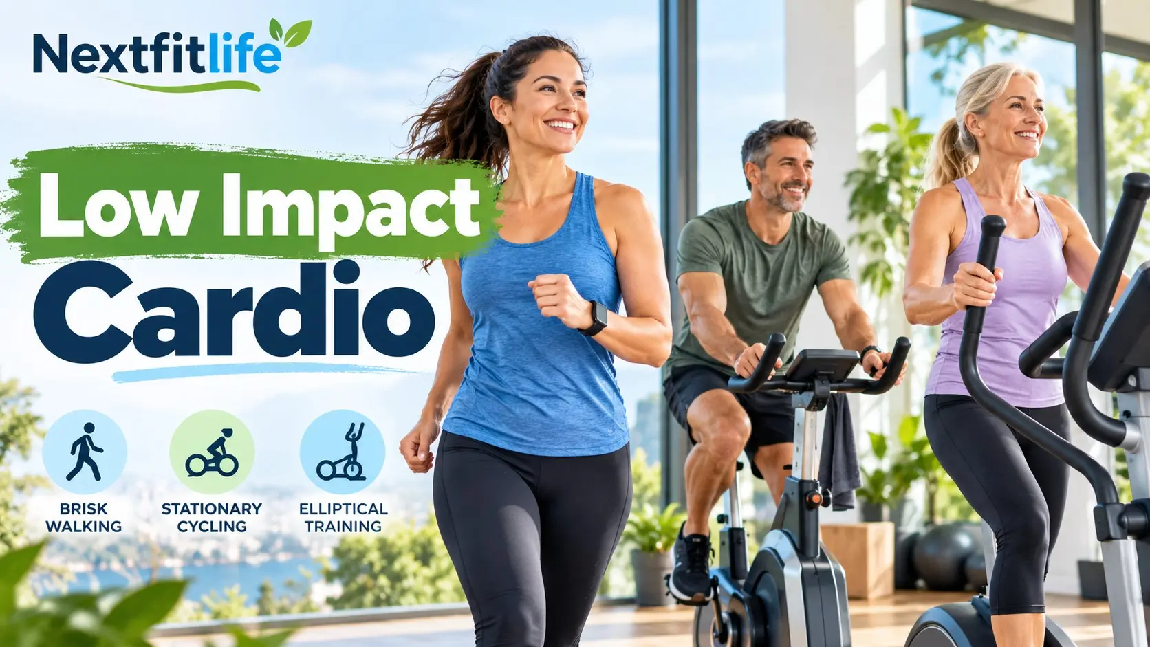 Low impact cardio workout with brisk walking, cycling, swimming, elliptical exercise, and no jump home movements