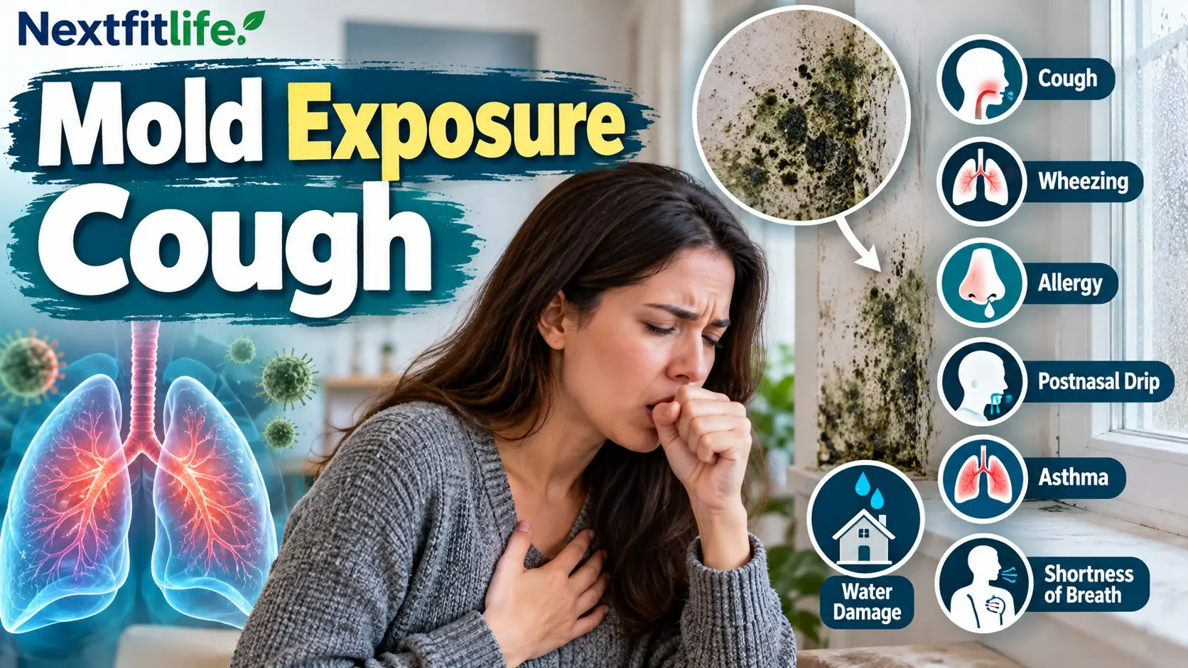 Mold exposure cough showing an adult coughing near indoor mold with allergy, asthma, and breathing warning signs