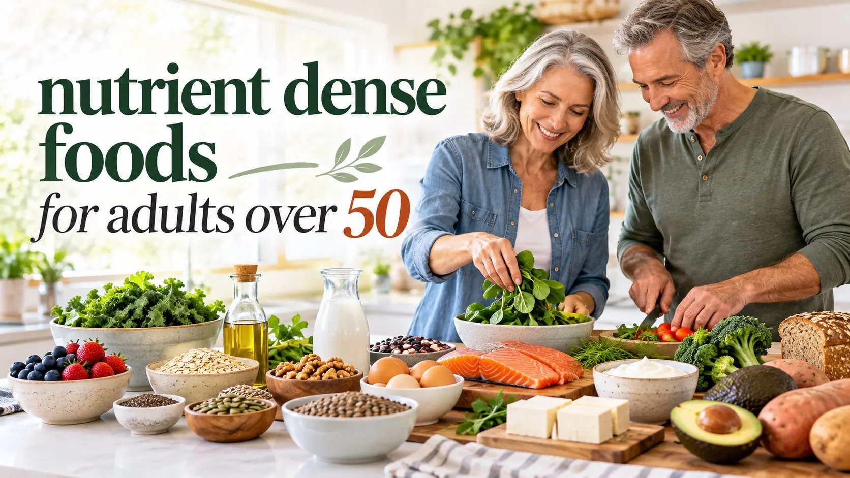 Nutrient dense foods for adults over 50 including fish, eggs, yogurt, beans, tofu, vegetables, fruit, whole grains, nuts and seeds