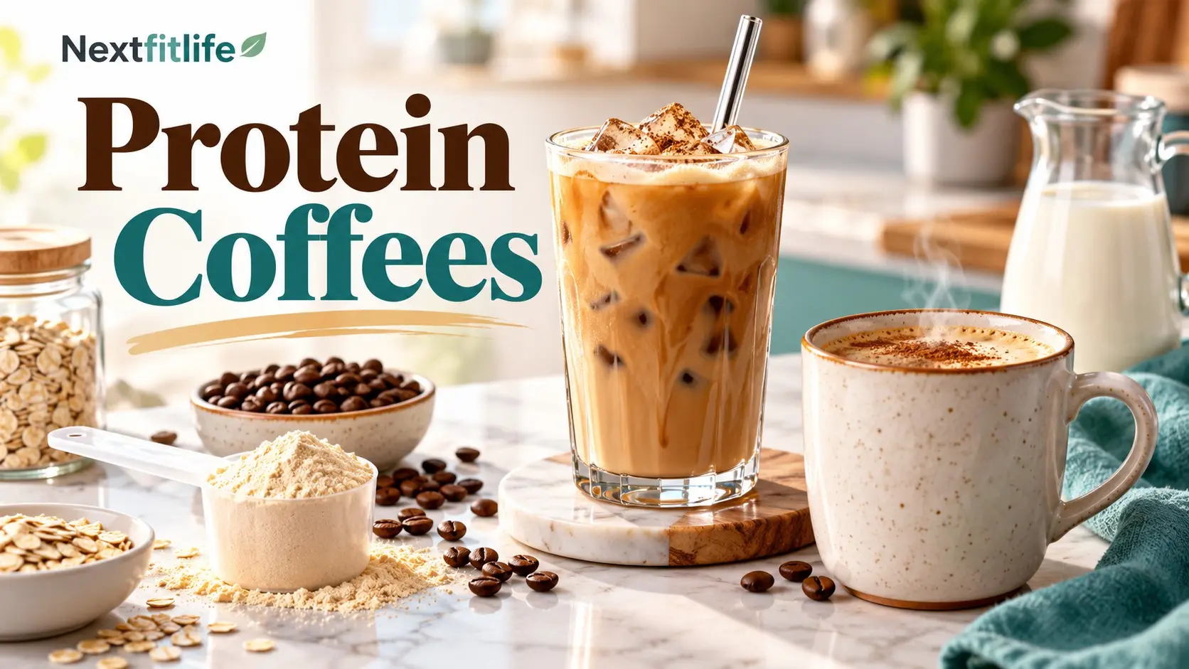 Protein Coffee with whey protein powder, iced coffee, milk, coffee beans, and a balanced high protein breakfast
