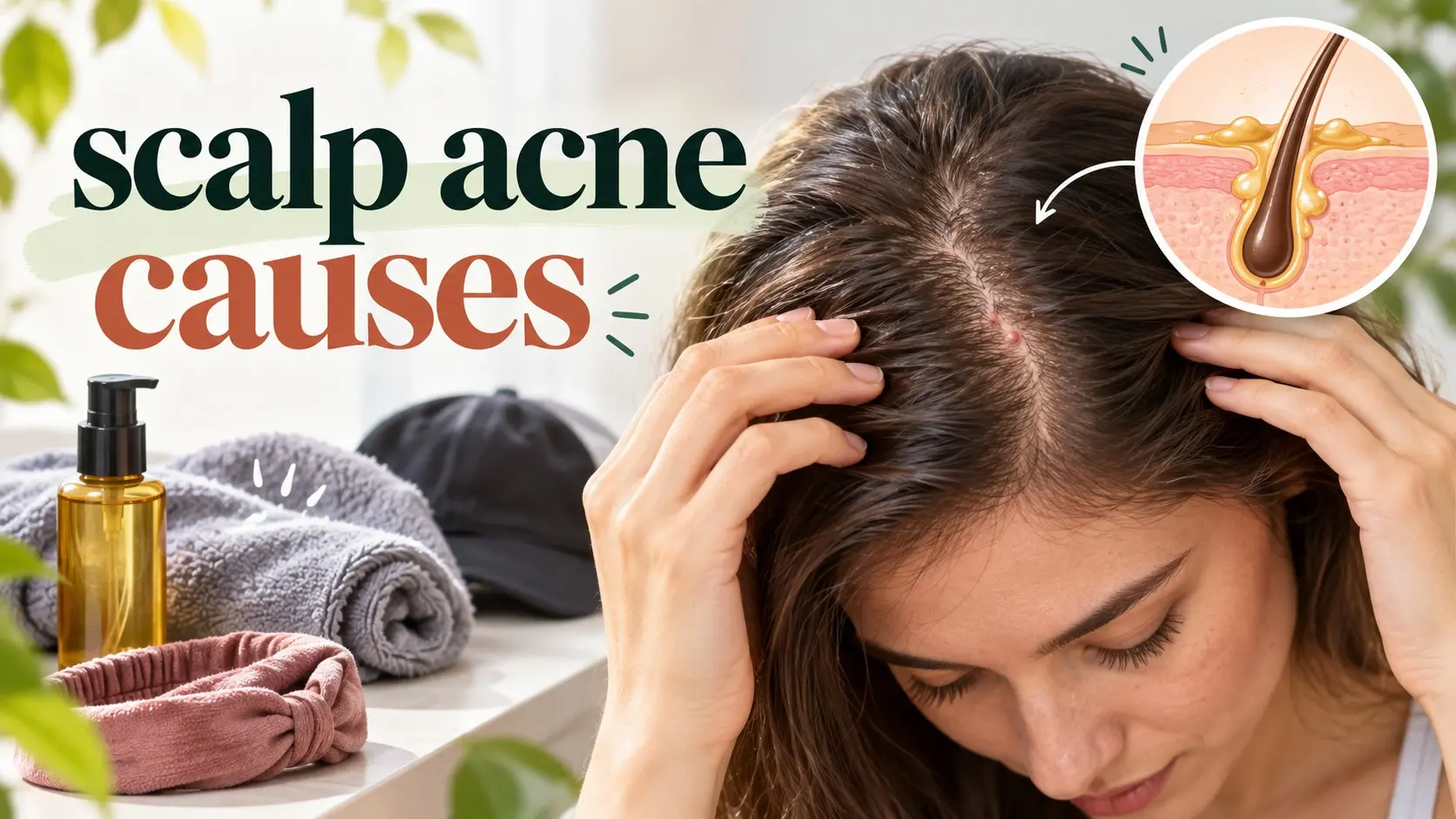 Scalp acne causes shown with small scalp pimples, oily hair products, sweat, follicle blockage, and gentle scalp care