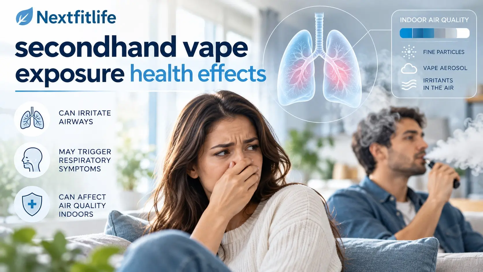 Secondhand vape exposure health effects showing indoor vape aerosol, lung concerns, and cotinine testing for nicotine exposure