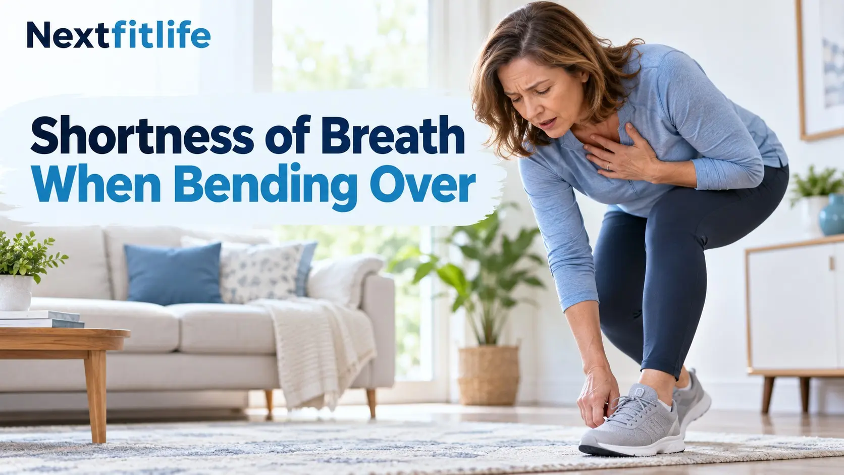 Shortness of breath when bending over as an adult pauses while tying shoes and notices breathing difficulty
