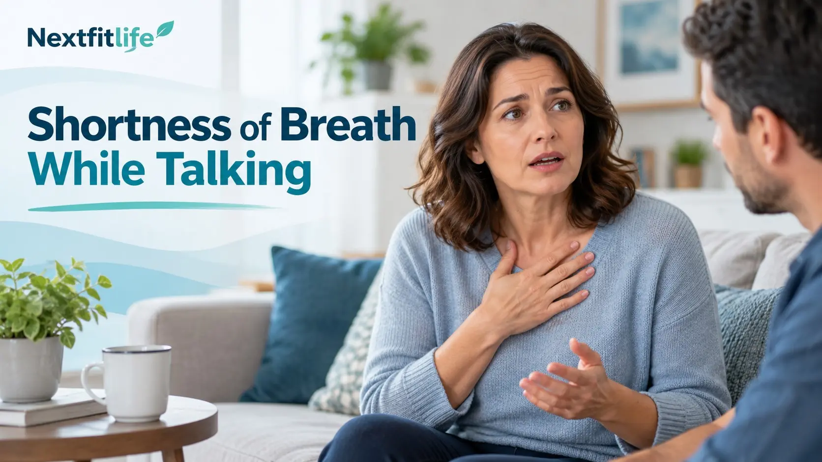 Shortness of Breath While Talking showing an adult pausing during conversation to catch their breath