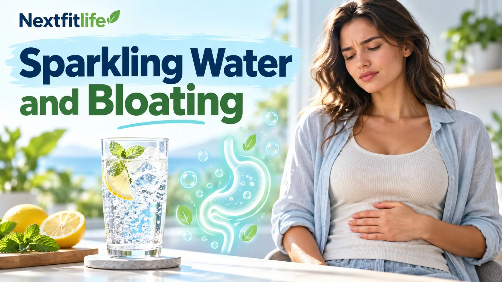Sparkling water and bloating guide showing carbonated water, digestive gas, bloating, hydration, and practical drinking tips
