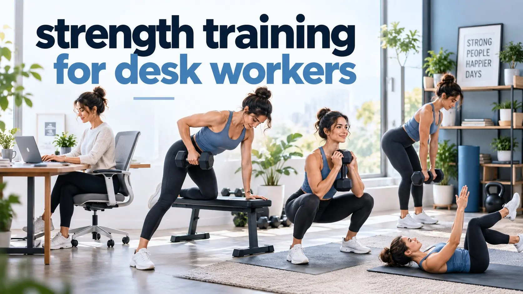 Strength training for desk workers using squats, rows, hip hinges and core exercises to build back, hip and core strength