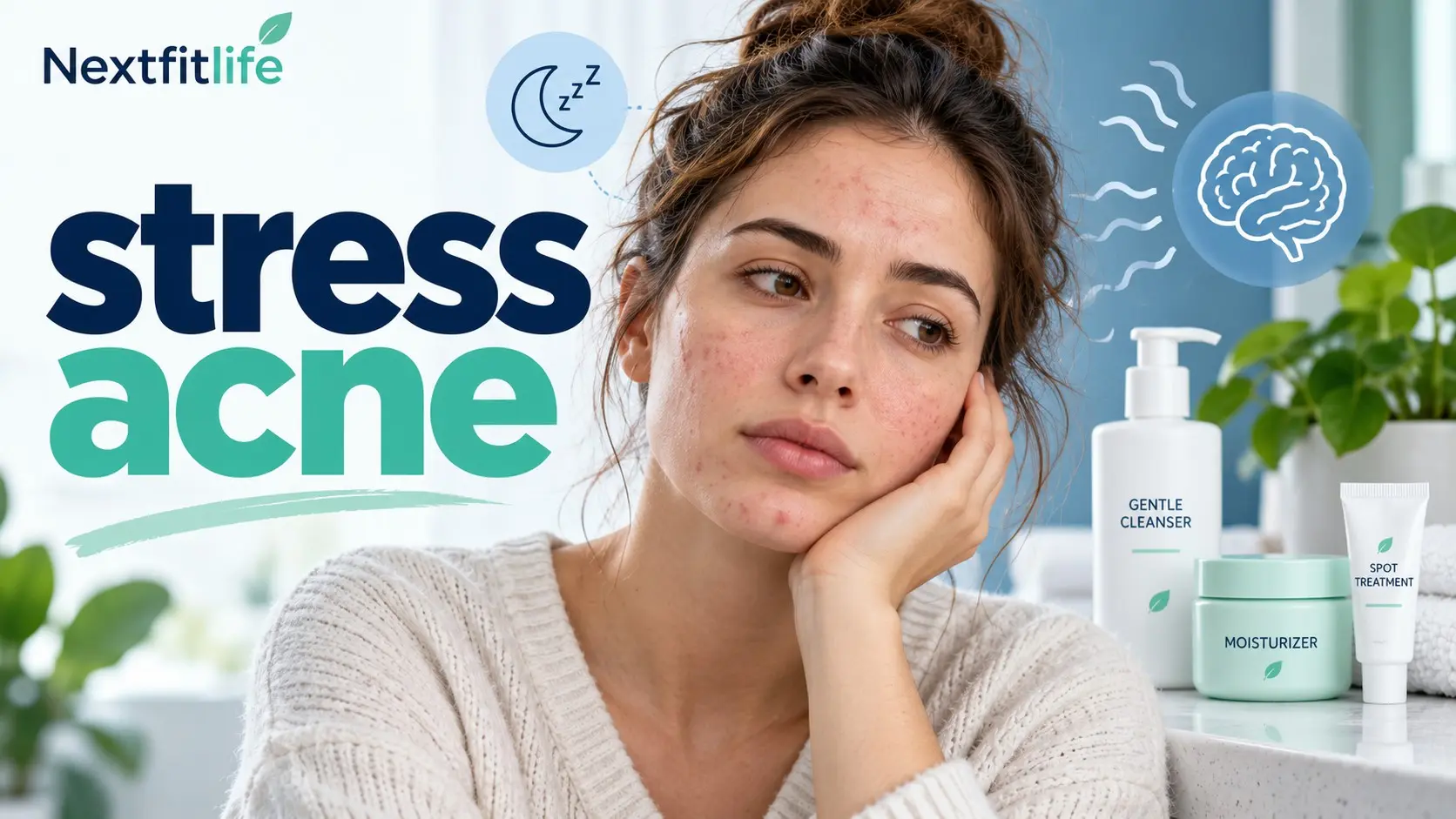 Stress acne guide showing facial breakouts, stress triggers, gentle skin care, and evidence based acne treatment