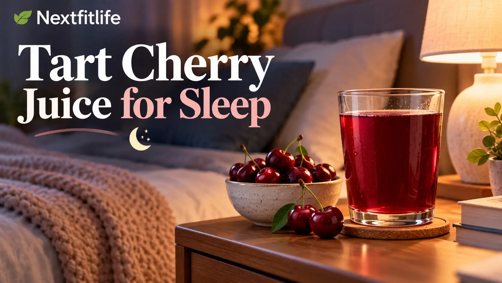 Tart cherry juice for sleep in a glass with Montmorency tart cherries beside a calm bedtime setting