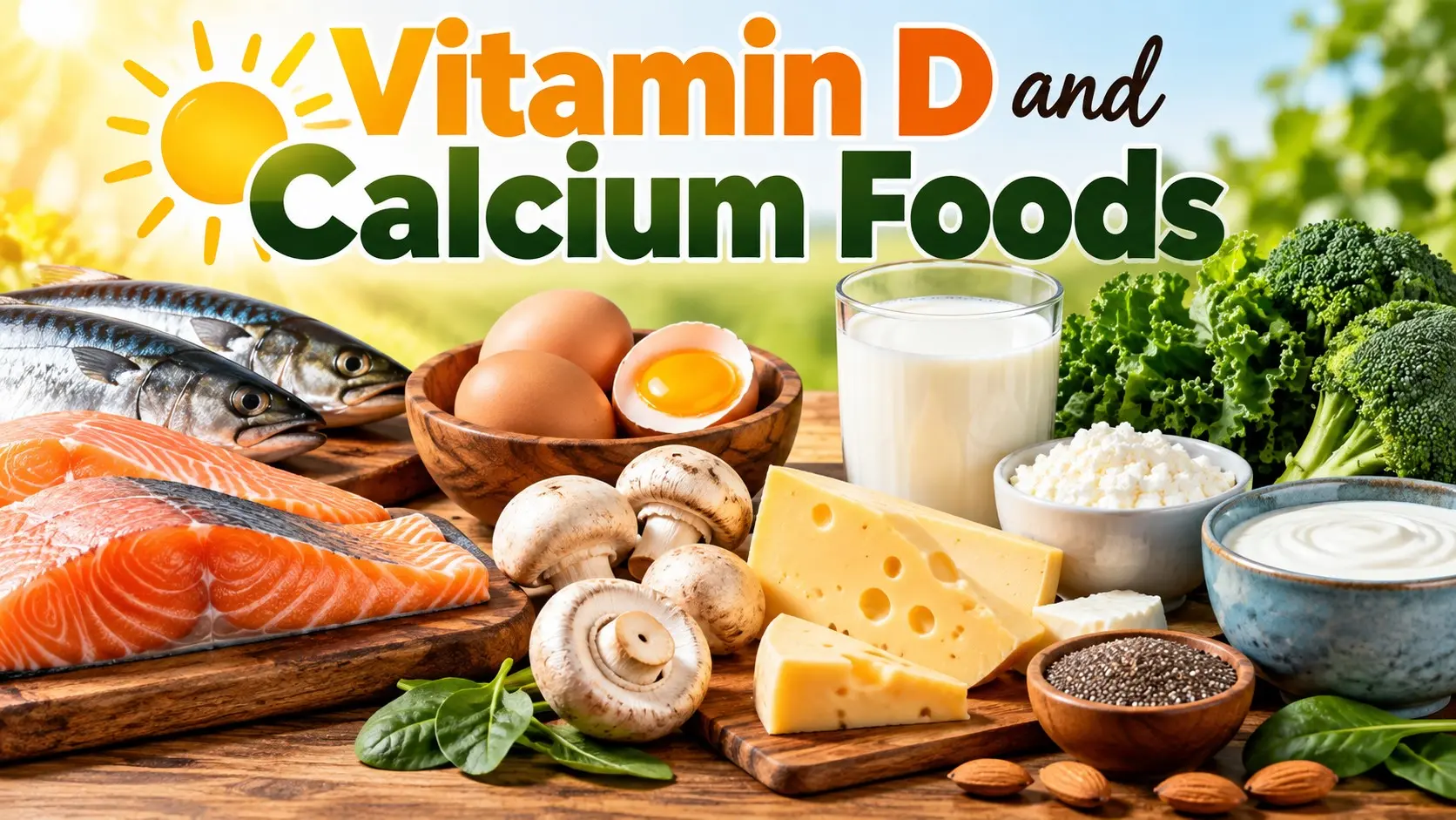 Vitamin D and calcium foods including salmon, yogurt, tofu, fortified milk and mushrooms